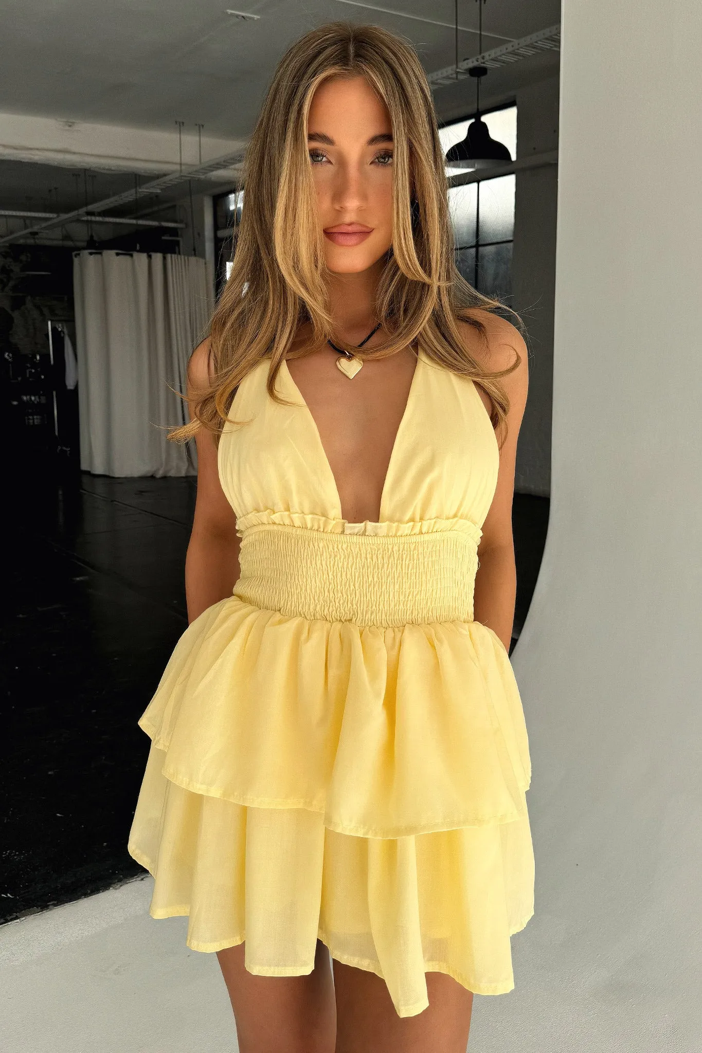 Shift Style Bohemian style April Tiered Halter Mini Dress - Yellow