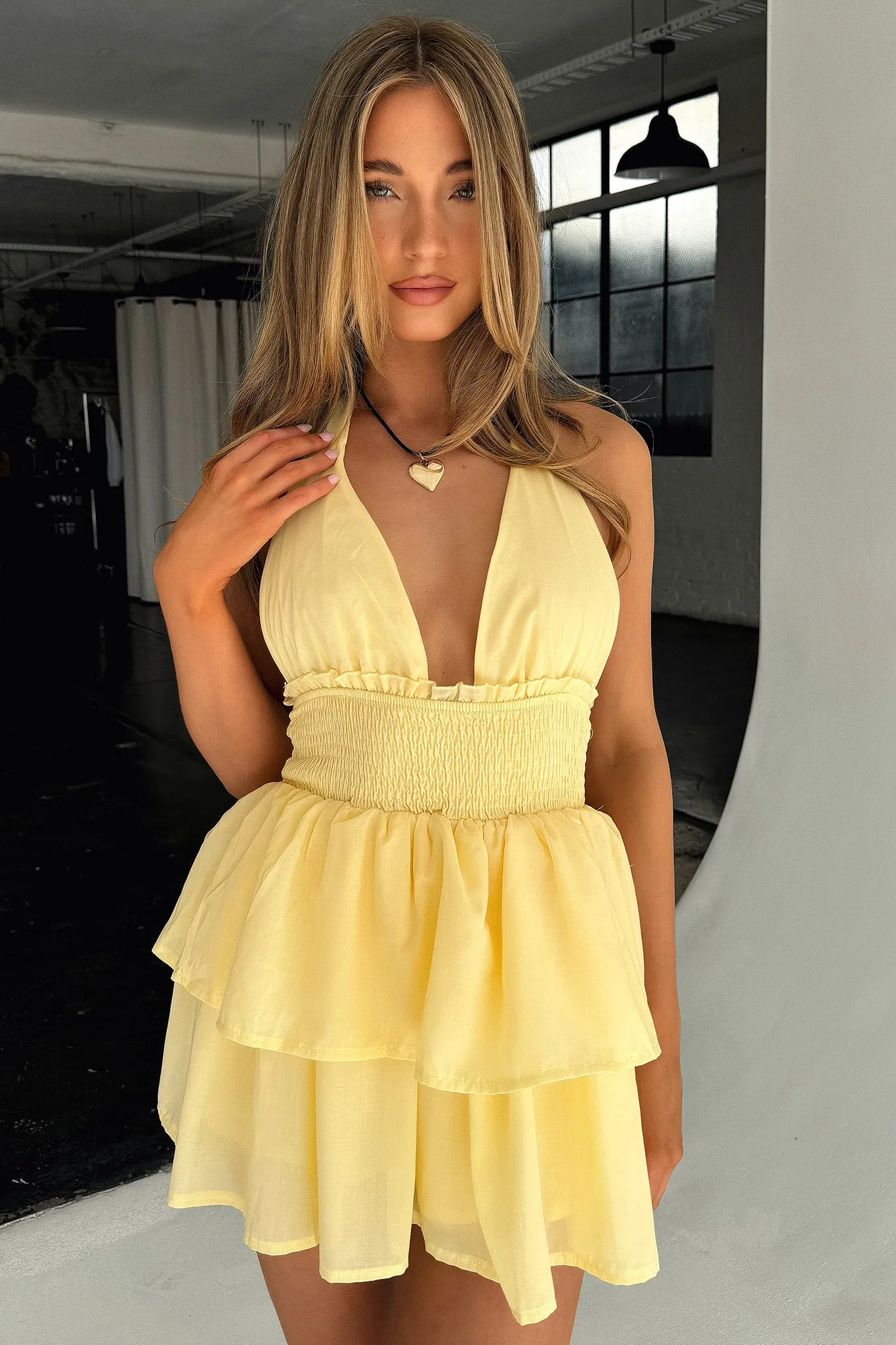 April Tiered Halter Mini Dress - Yellow Heat Scene