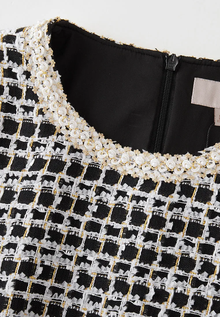 NonRestrictive Design Bio Glow Black-and-white Checked Lace-detail Patch-pocket Dress