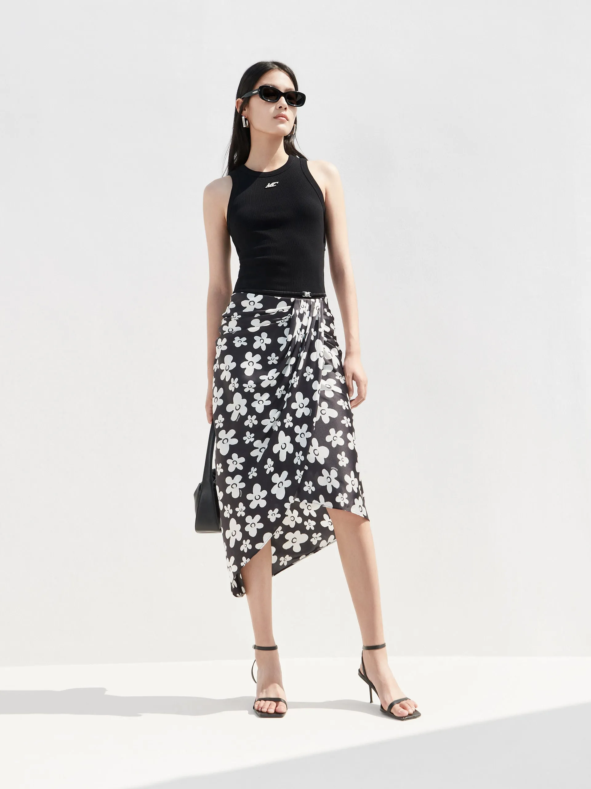 Flower Print Overlap Skirt Outfit Combo Fold Over Detail