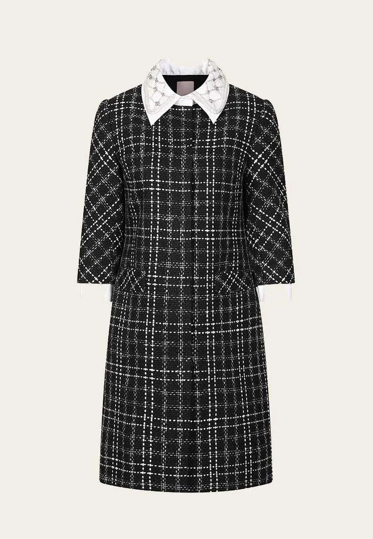 Beaded White Lapel Black Tweed Dress Summer Glow