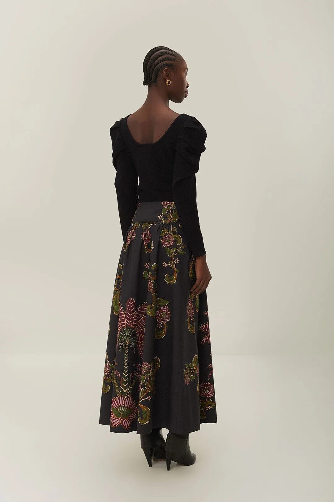 Modern Cut Black Ravenala Midi Skirt
