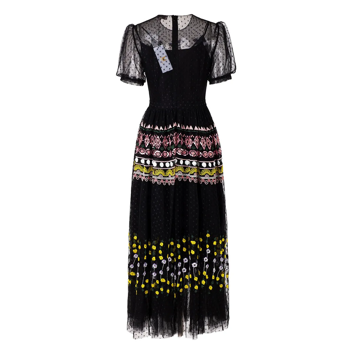 Black Polka Dot Flower Embroidery Princess Sleeve Dress Bio Glow VersatileStyle
