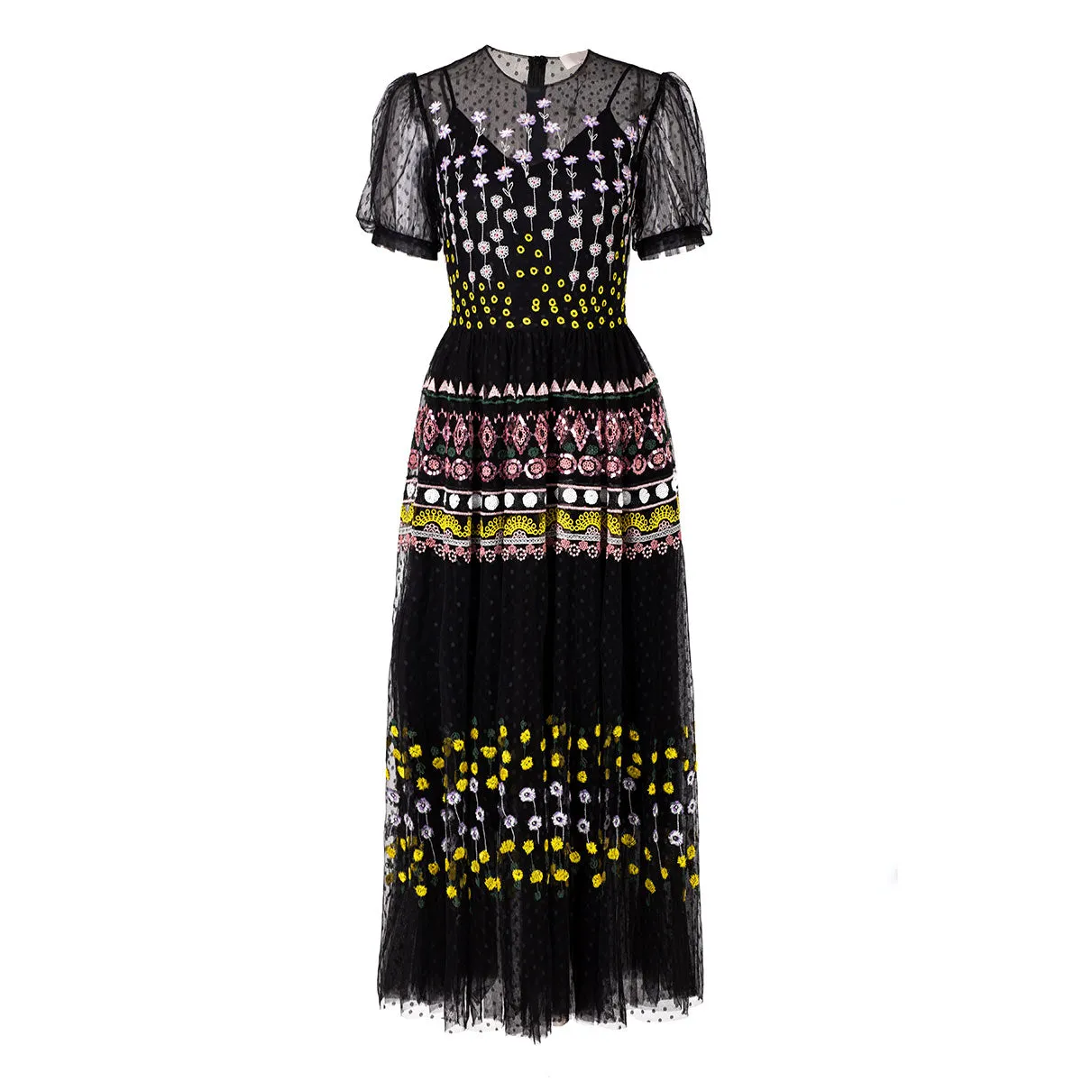 HypoallergenicTextile Black Polka Dot Flower Embroidery Princess Sleeve Dress