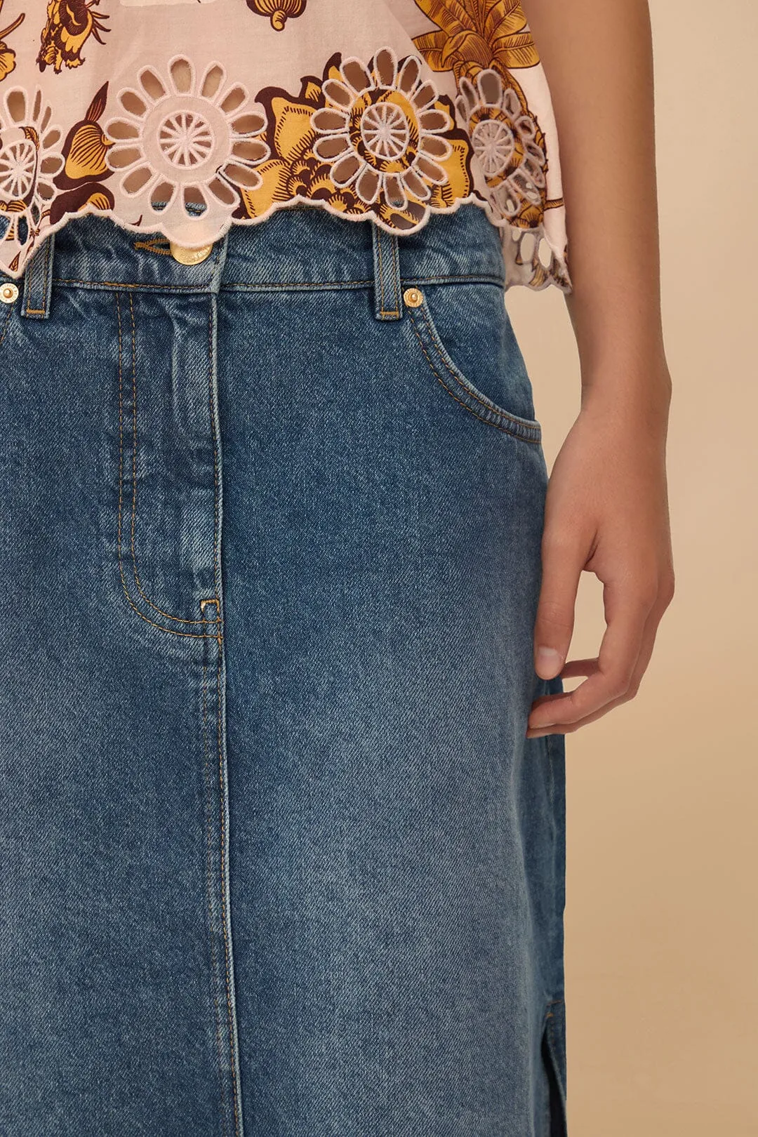 Denim Side Slit Maxi Skirt Reinforced Hems