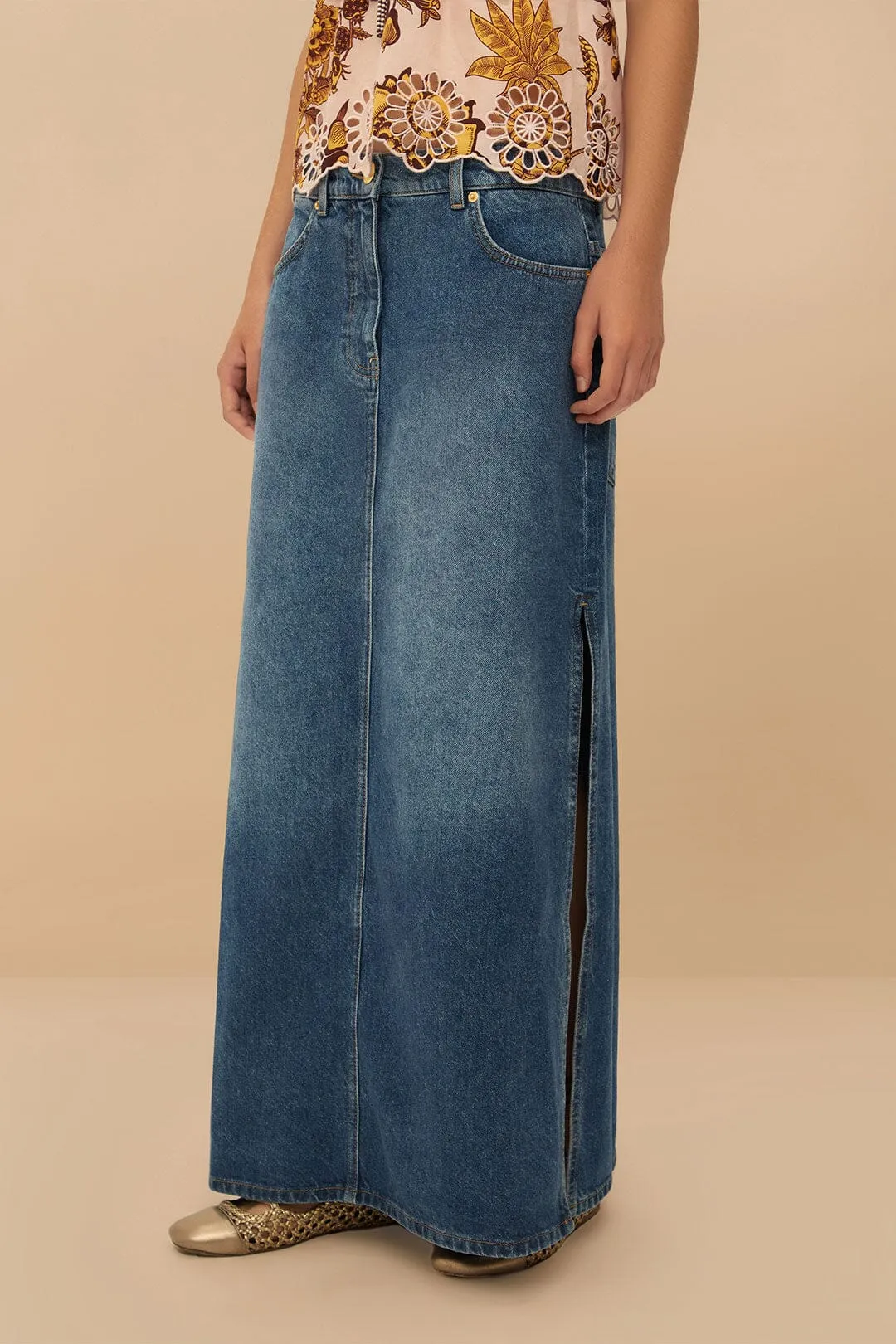 Laid Back Look Denim Side Slit Maxi Skirt
