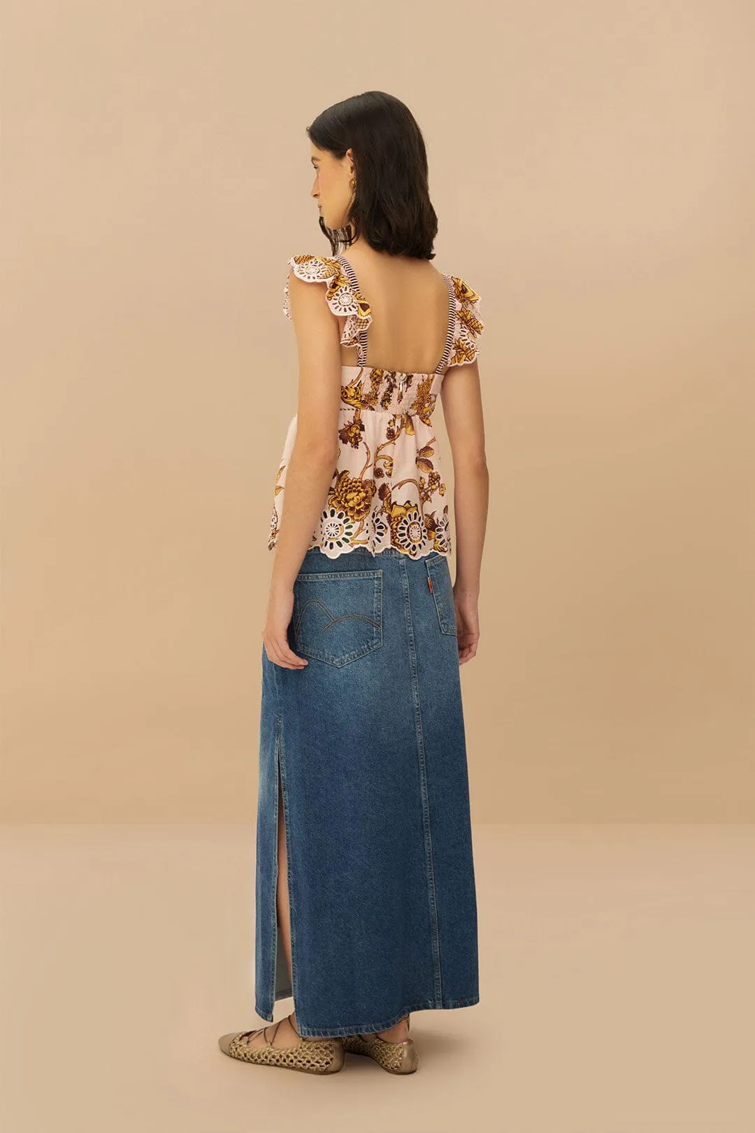 Denim Side Slit Maxi Skirt Signature Line Wrinkle Resistant Finish