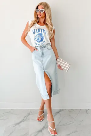 Skirtin' Around High Rise Denim Midi Skirt (Light) Graceful Look
