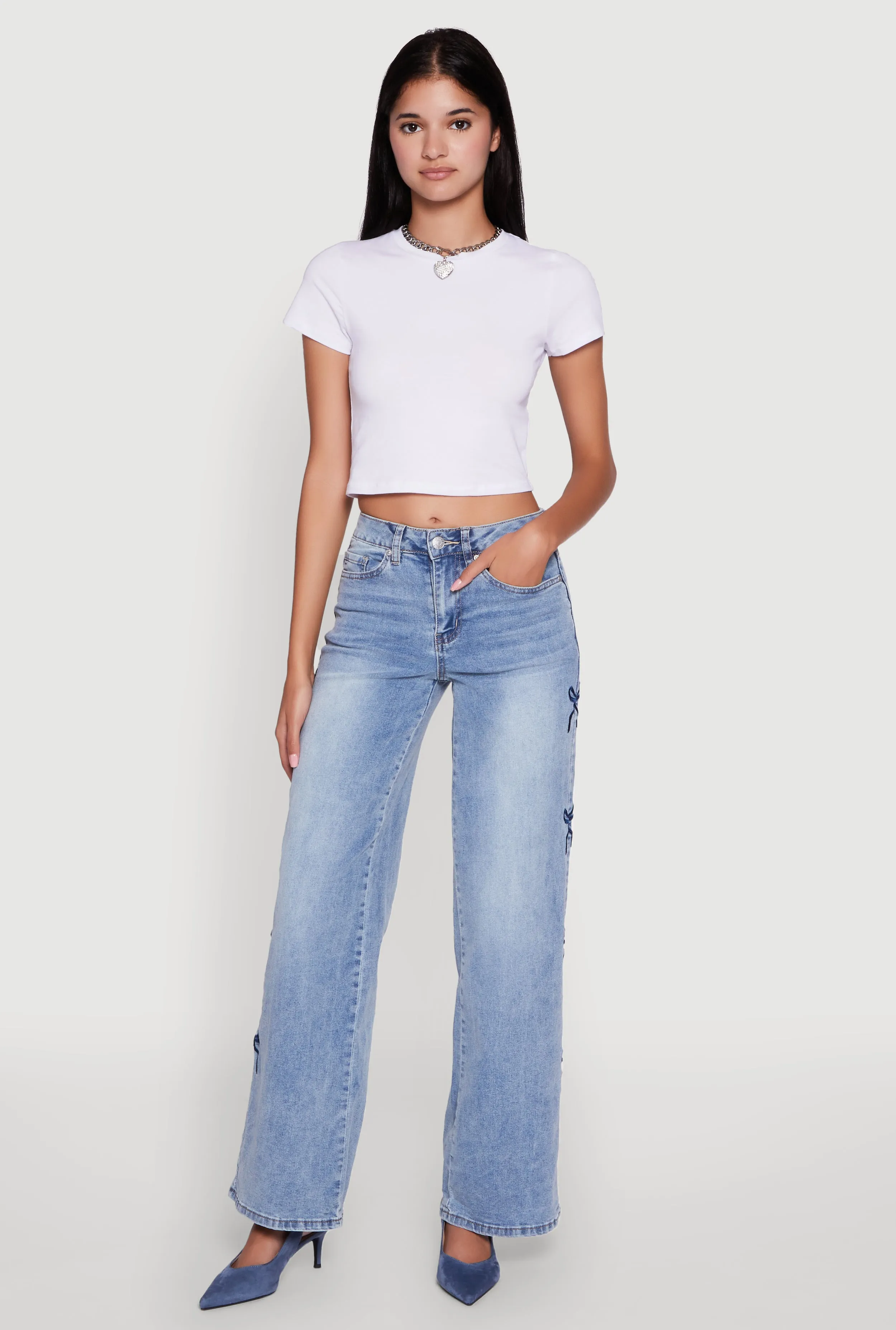 Madden Girl Mineral Wash Embroidered Bow Side Jeans Breathable fabric technology