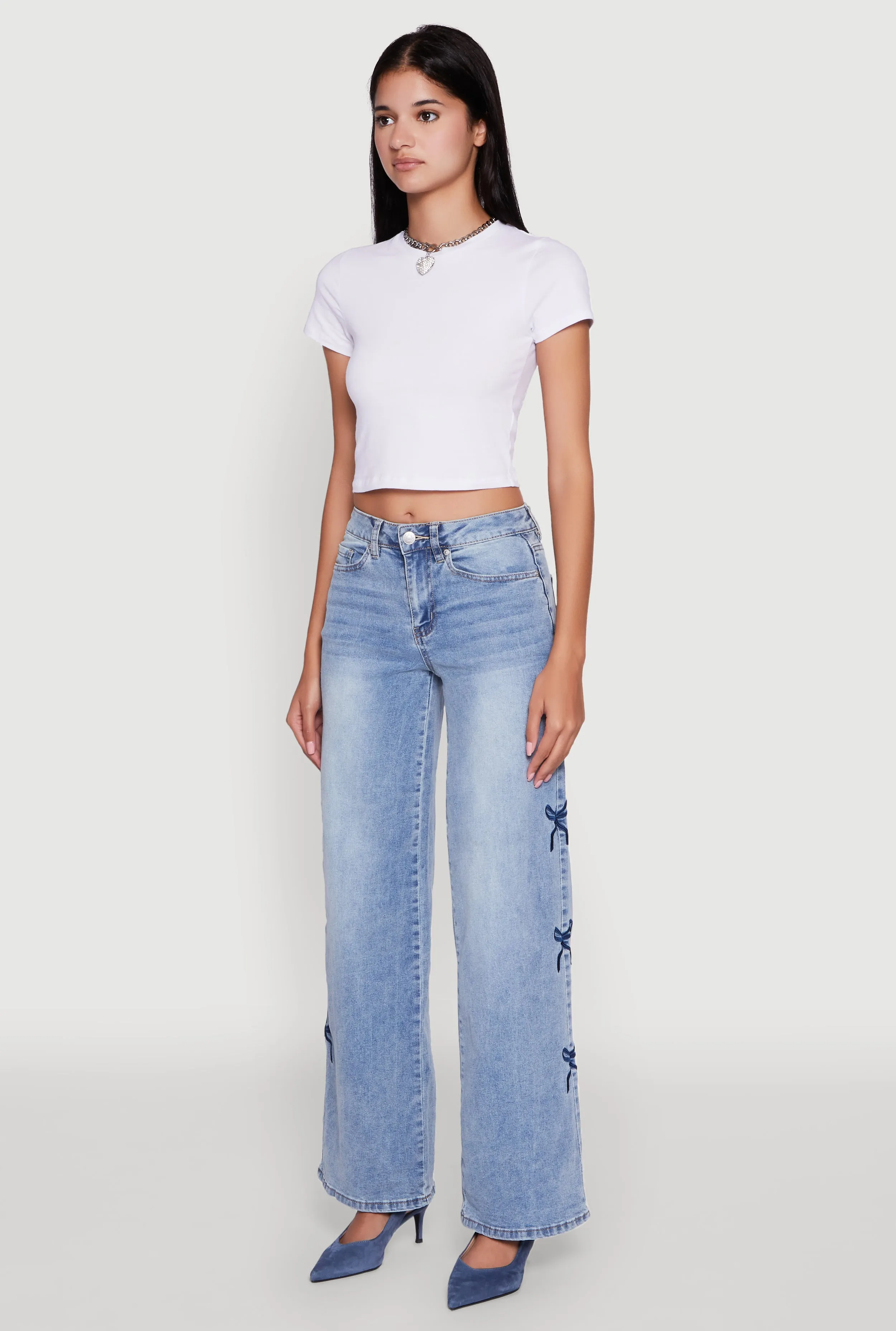 Straight Leg Madden Girl Mineral Wash Embroidered Bow Side Jeans