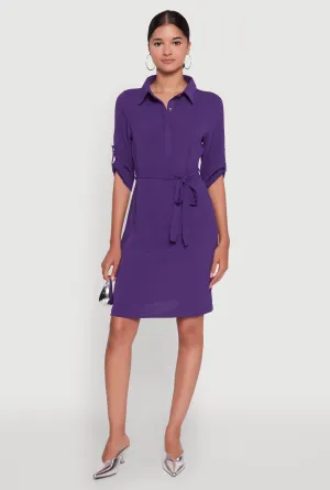 Daily Smart Airy Three Quarter Tabbed Sleeve Belted Shirt Dress