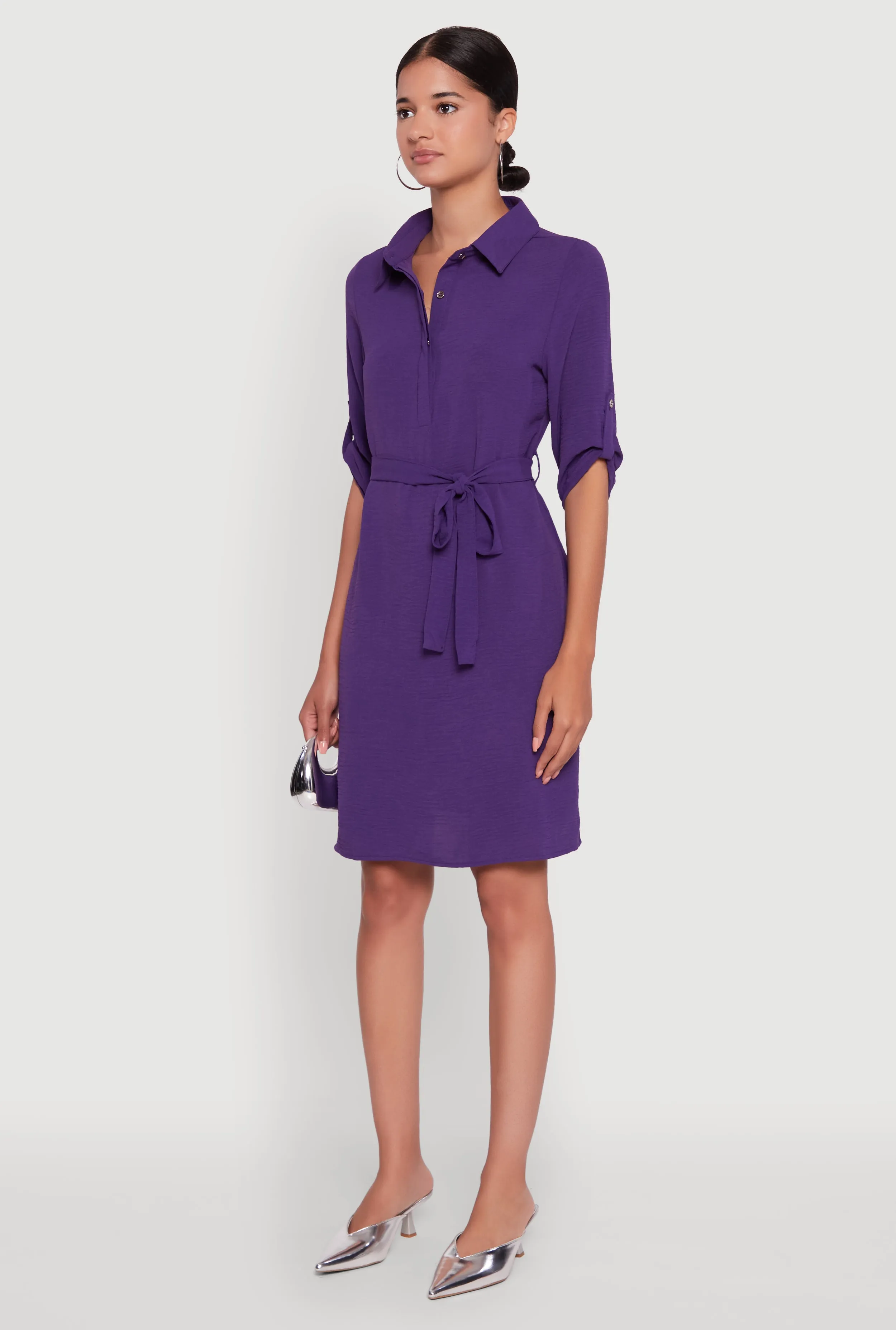 Airy Three Quarter Tabbed Sleeve Belted Shirt Dress Harbor Light Flattering Cut