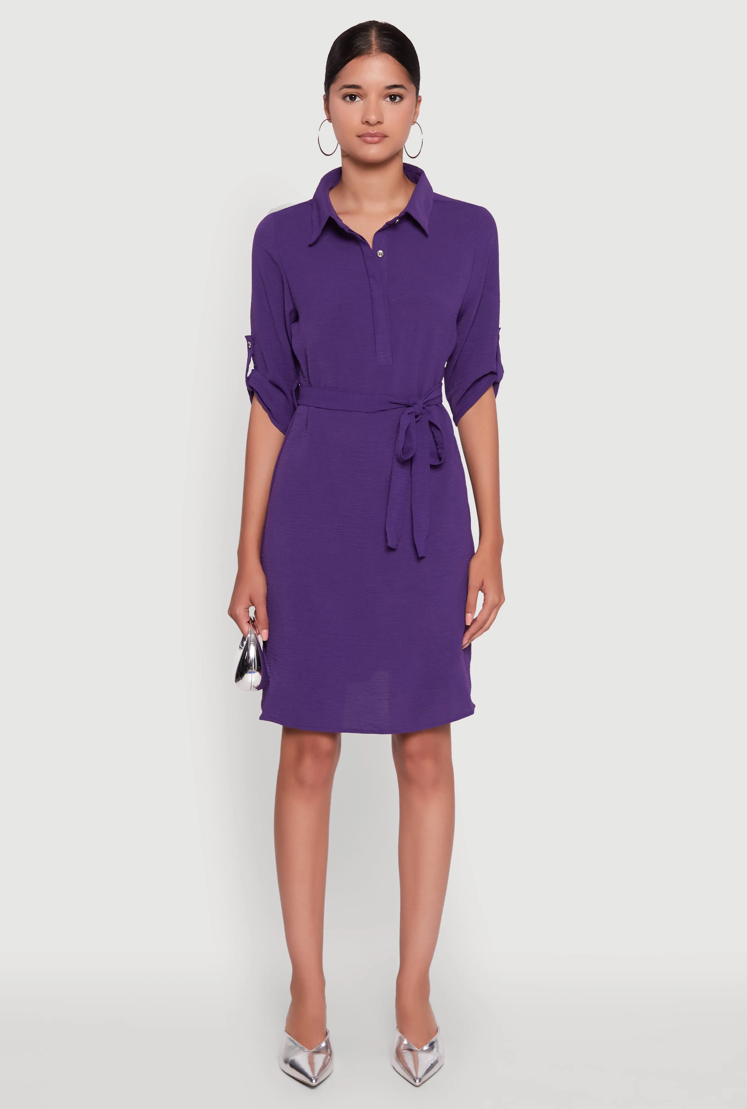 Airy Three Quarter Tabbed Sleeve Belted Shirt Dress Timeless Look