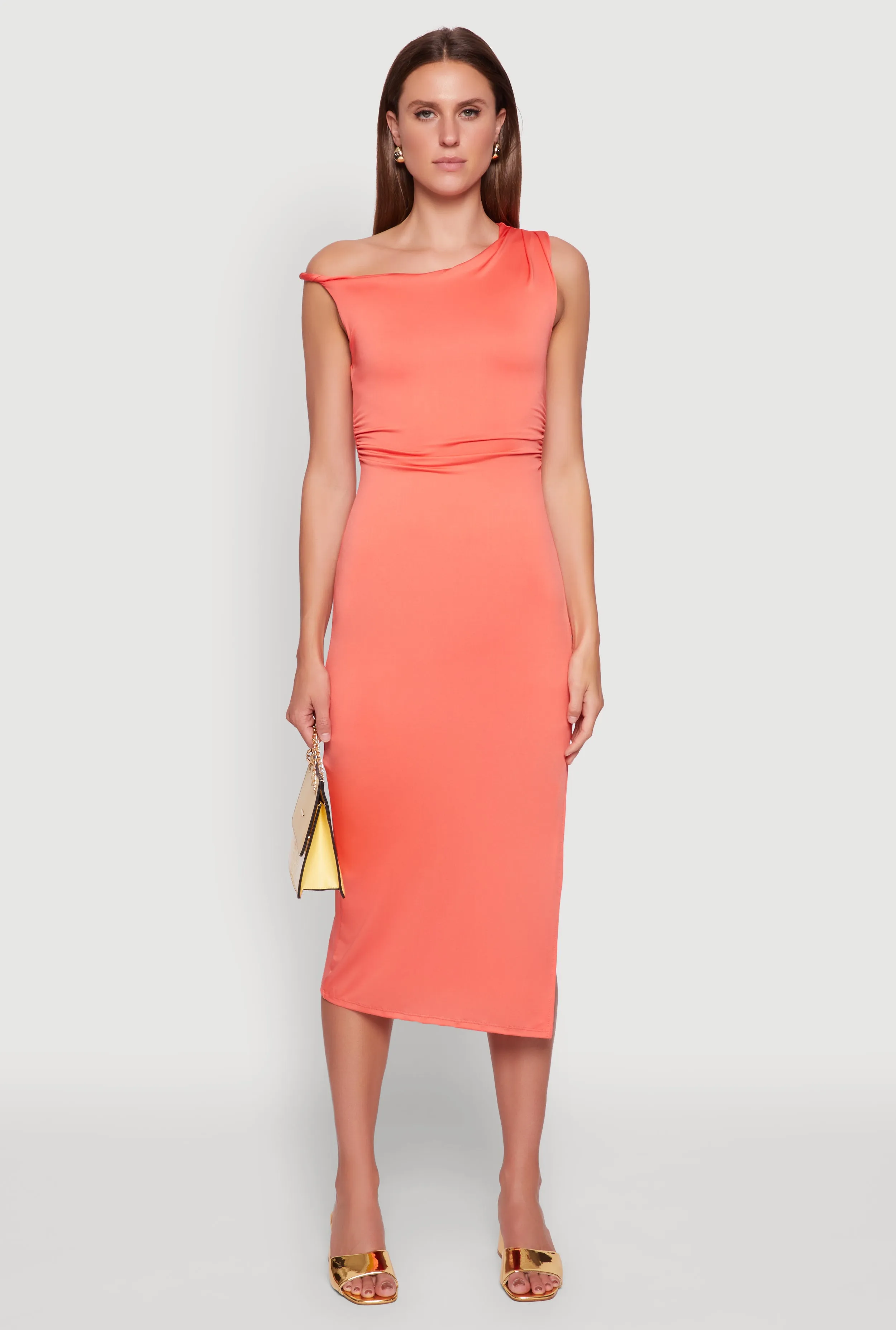 Asymmetrical Neckline Ruched Bodycon Dress with Side Slit Minimalist mid-calf dress