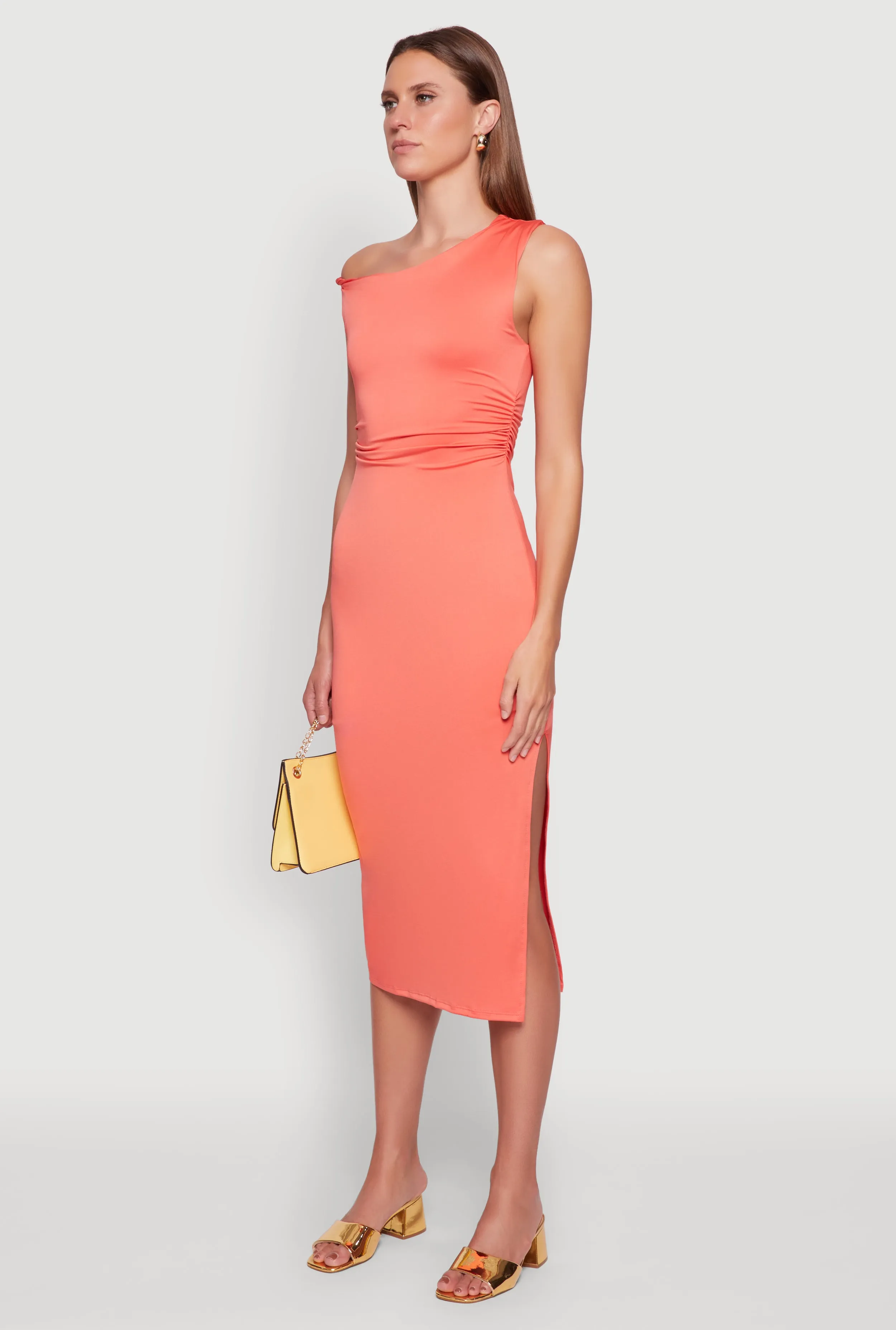 Asymmetrical Neckline Ruched Bodycon Dress with Side Slit Forest trail Train Gate