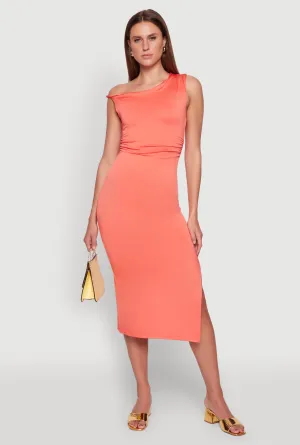 Asymmetrical Neckline Ruched Bodycon Dress with Side Slit Workday Cool