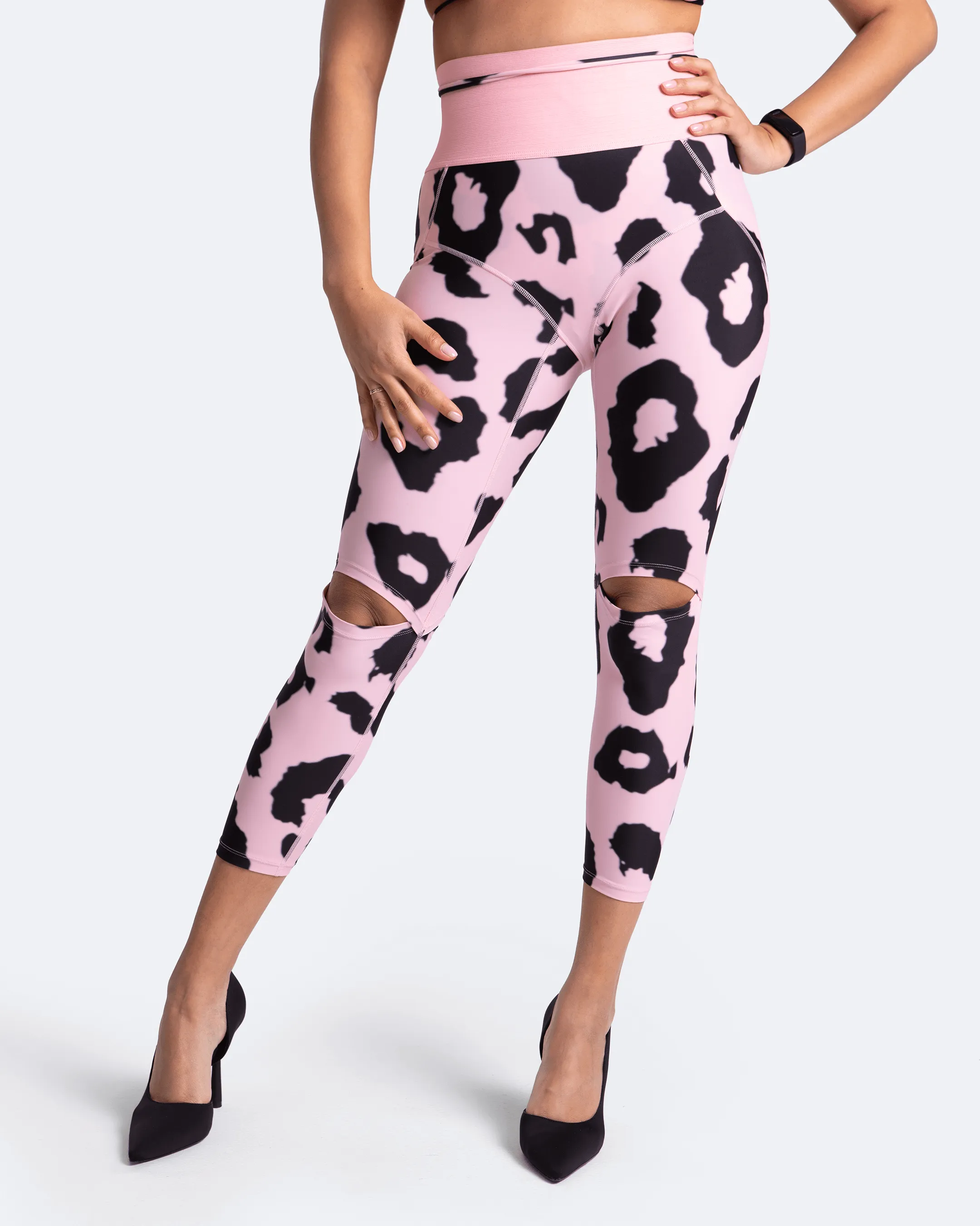 Grid Pattern High-Rise Knee-Slit Leggings