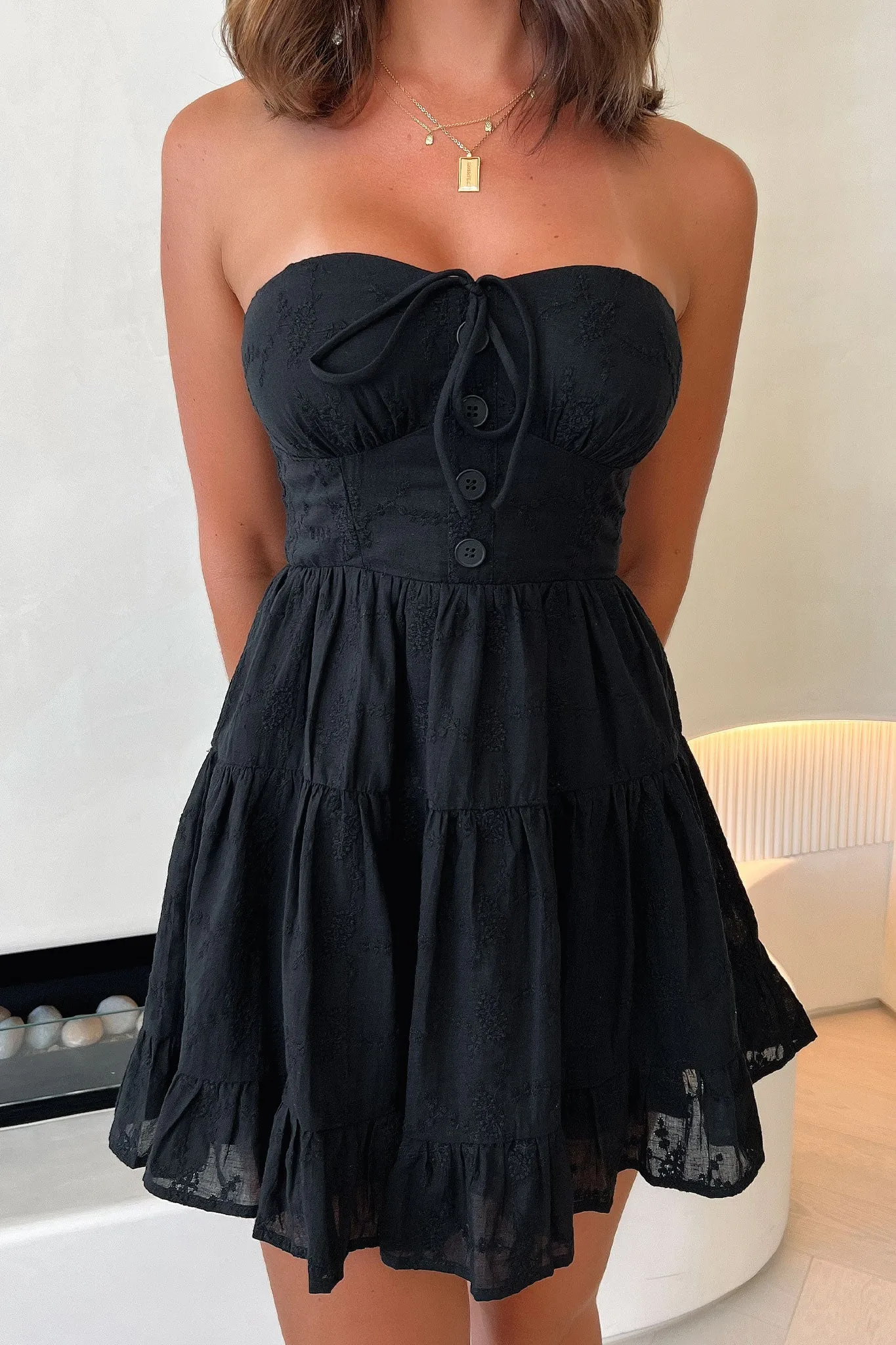 Ruby Strapless Mini Dress - Black Hot Glow Wrinkle resistant fabric