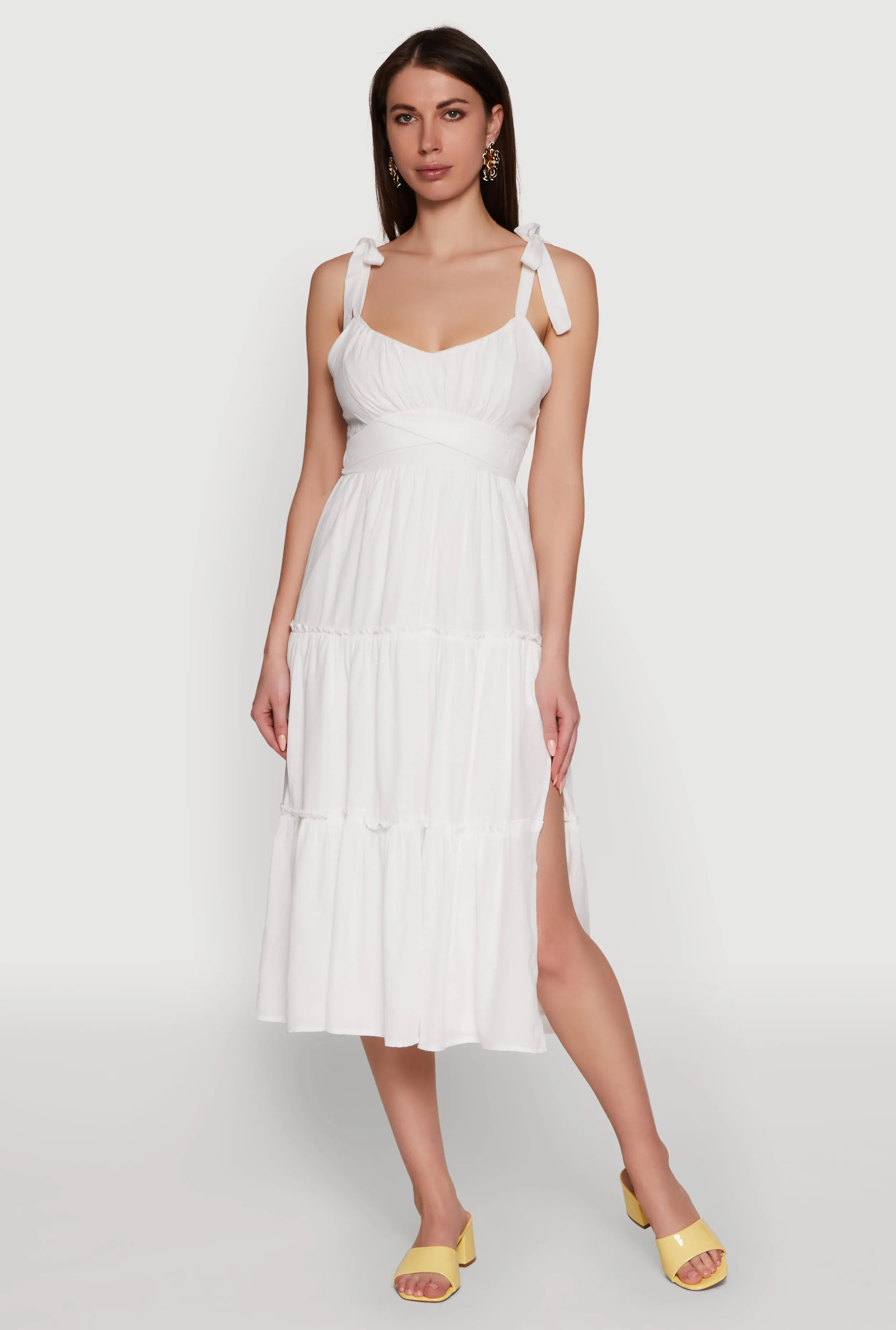 Work Attire Chic Bow Strap Tiered Sundress with Side Slit