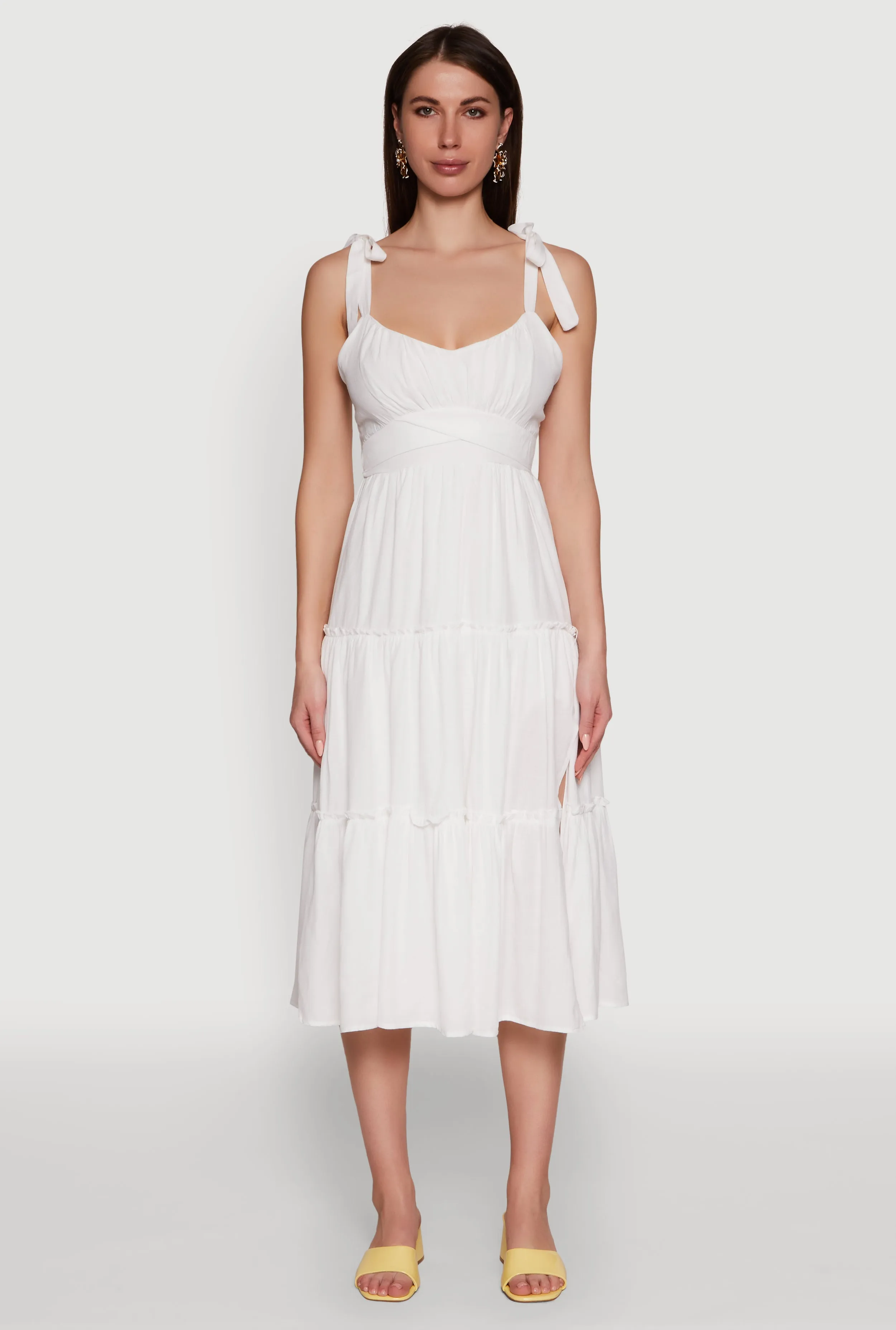 All-day wear midi Chic Bow Strap Tiered Sundress with Side Slit