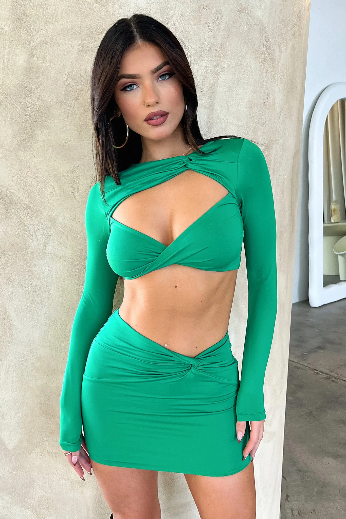 Anesha Mini Skirt - Green Chill Tones Erasable Crease