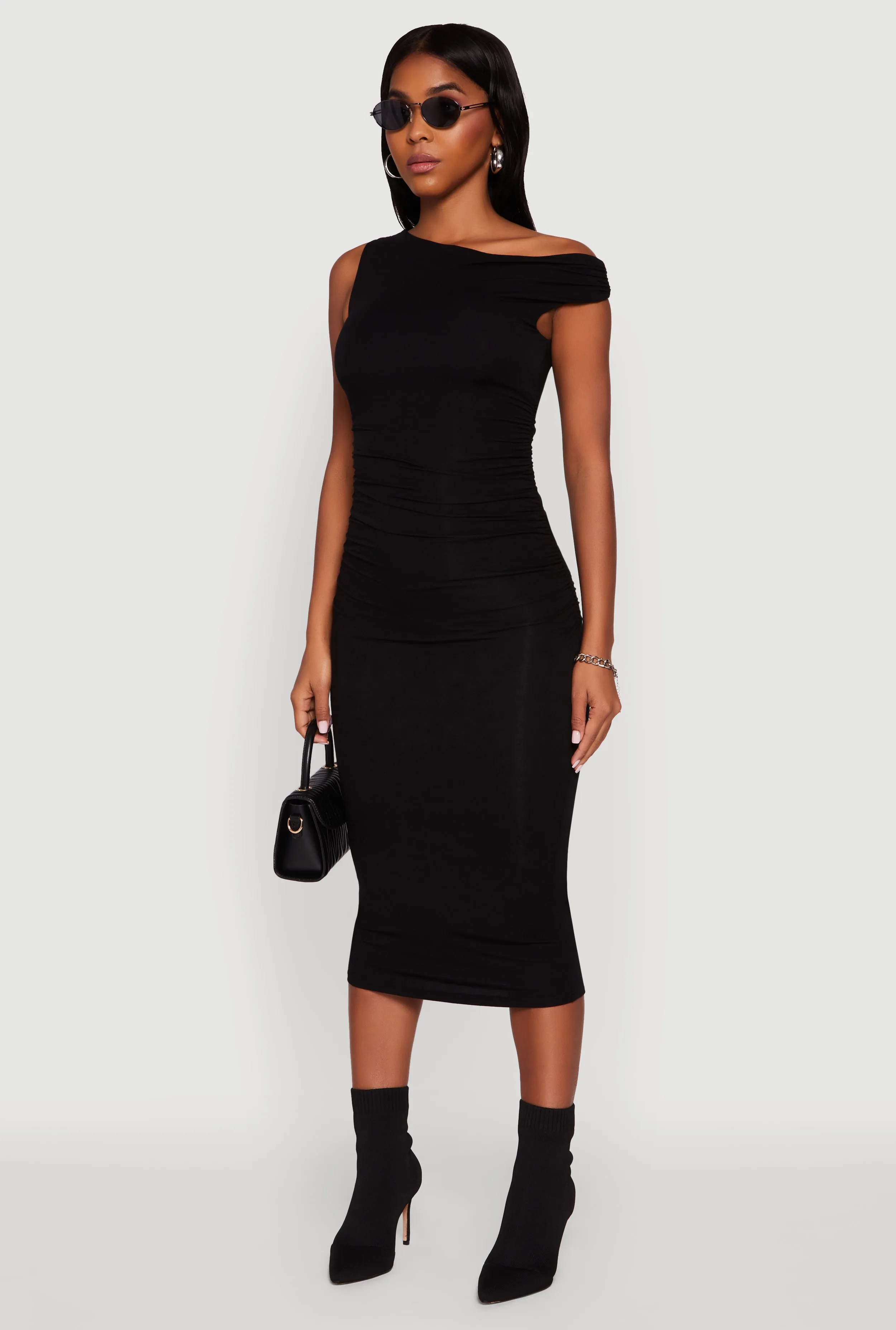 Relaxed Style Chill Ready Asymmetrical One Shoulder Ruched Midi Dress