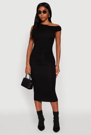 Asymmetrical One Shoulder Ruched Midi Dress Relaxed fit knee-length piece
