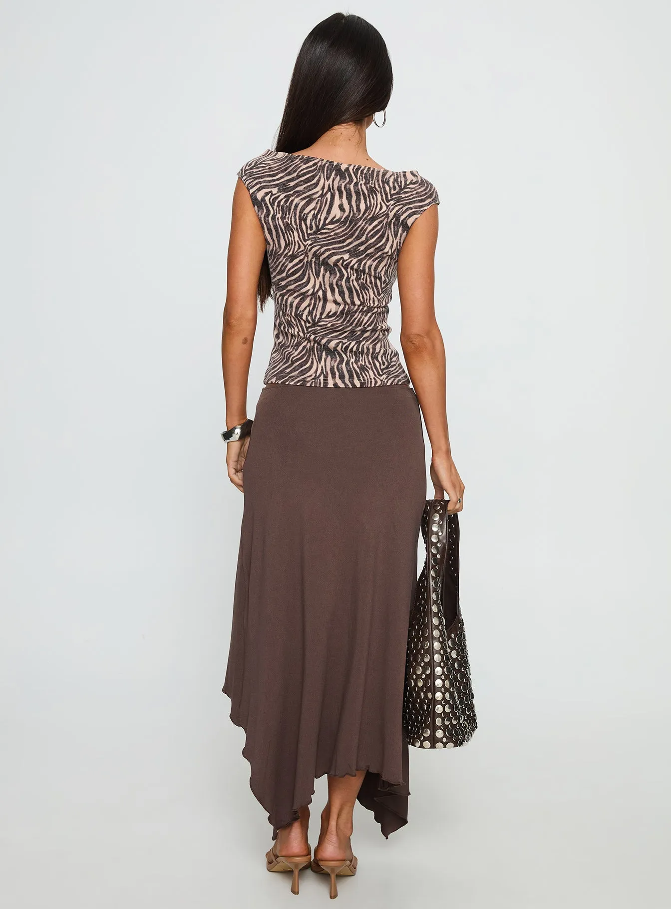 Matte Texture Futura Asymmetrical Midi Skirt Chocolate