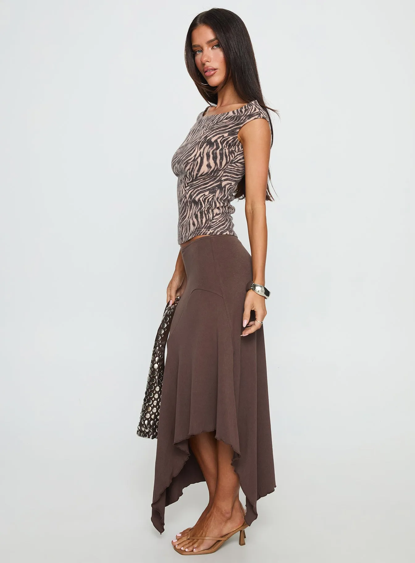 Subtle Finish Futura Asymmetrical Midi Skirt Chocolate