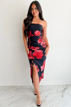 Flirt It Off Strapless Floral Midi Dress (Black/Red) Spring Festival rooftop party