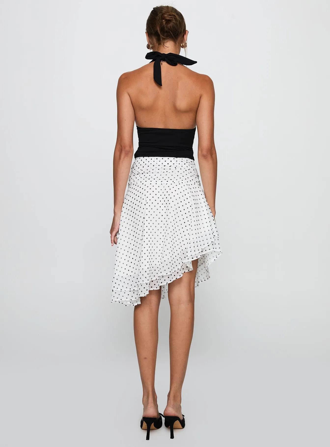 Evanescence Asymmetrical Midi Skirt White / Polka Dot Embroidered Detail