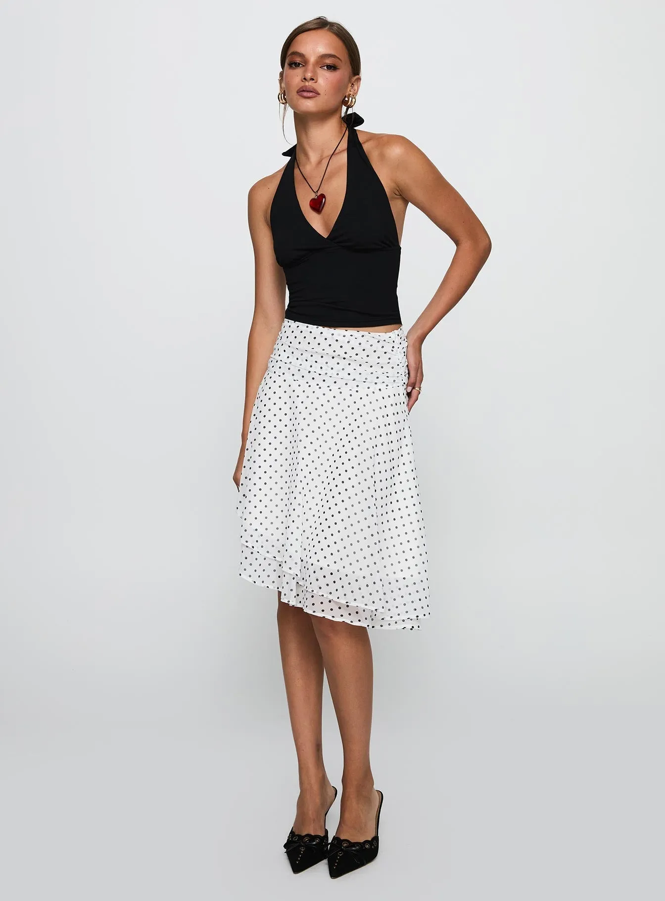 Teen Fashion Evanescence Asymmetrical Midi Skirt White / Polka Dot