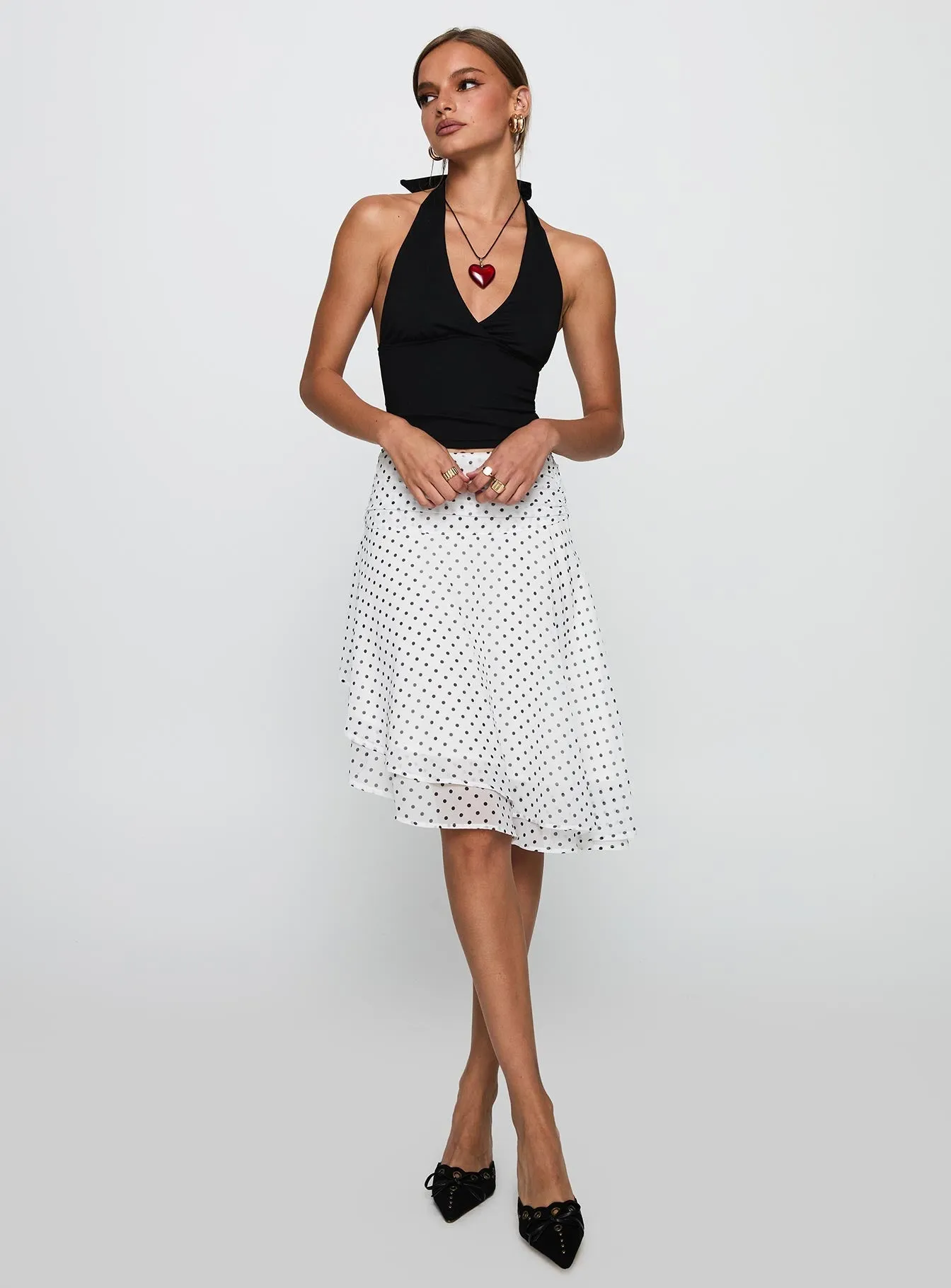 Twist Knot Details Evanescence Asymmetrical Midi Skirt White / Polka Dot