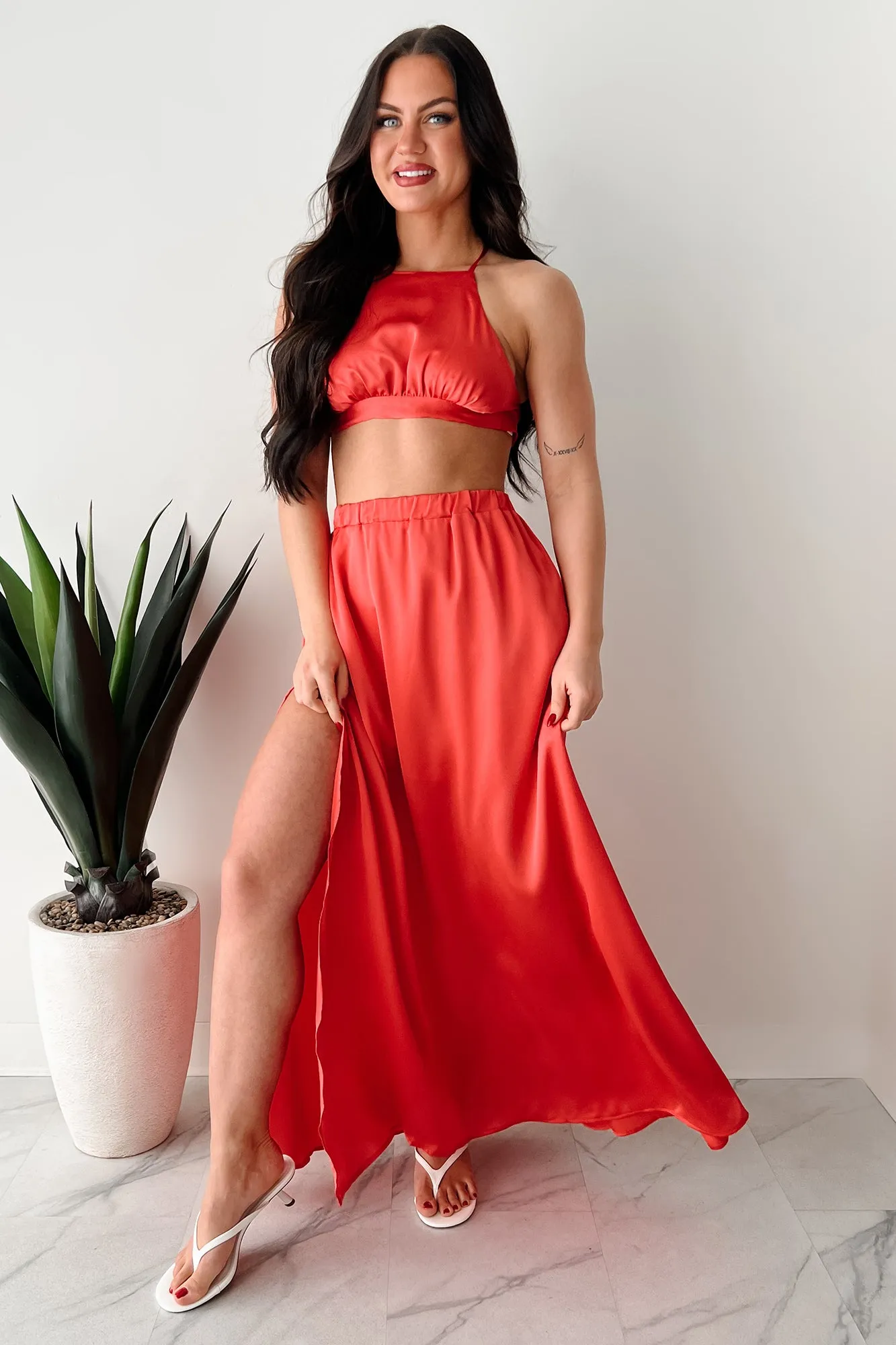 Everyday Style Classic Fit Sending Signals Halter Two Piece Maxi Set (Red Orange)