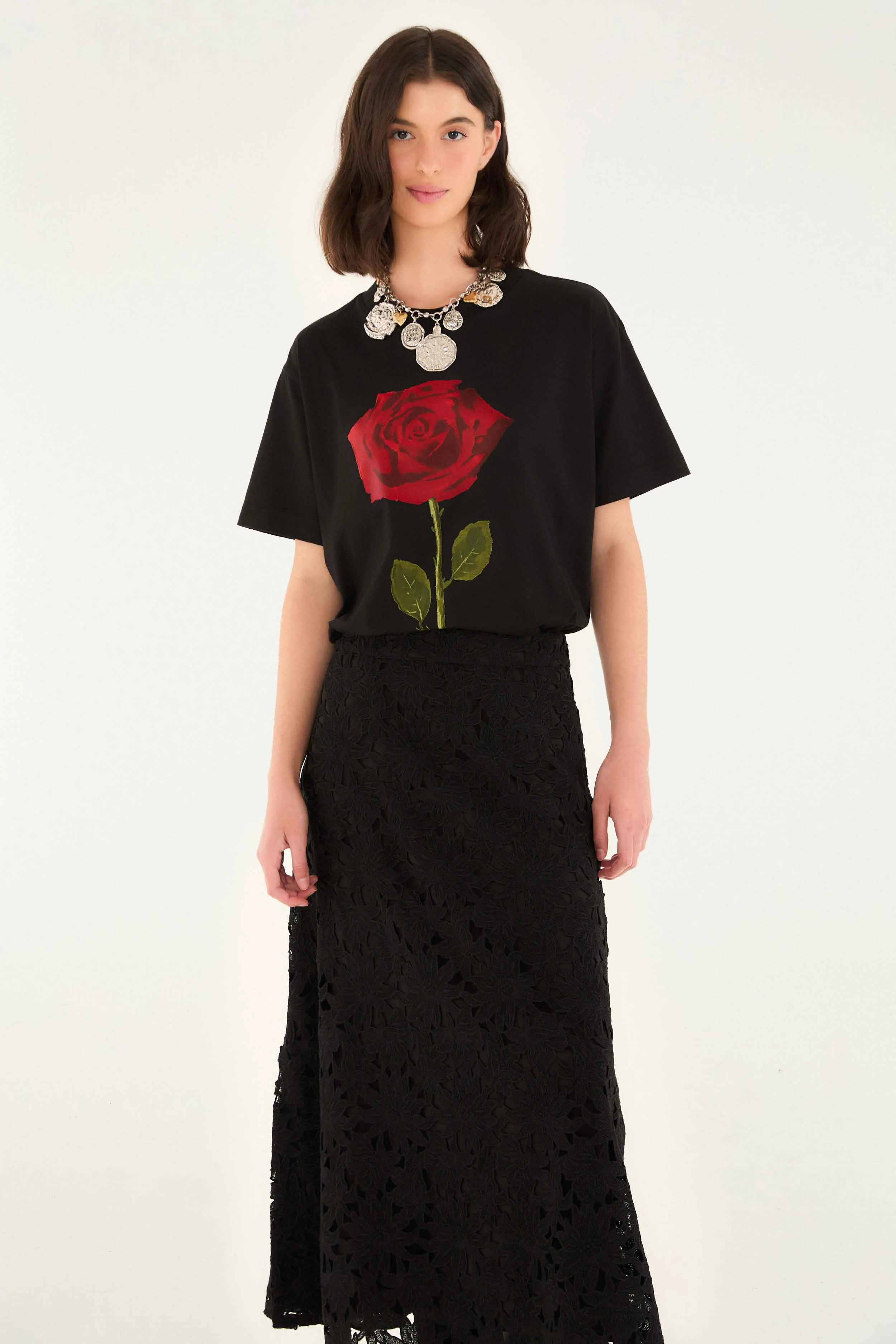 Foldable Packability Black Flowered Lace Midi Skirt