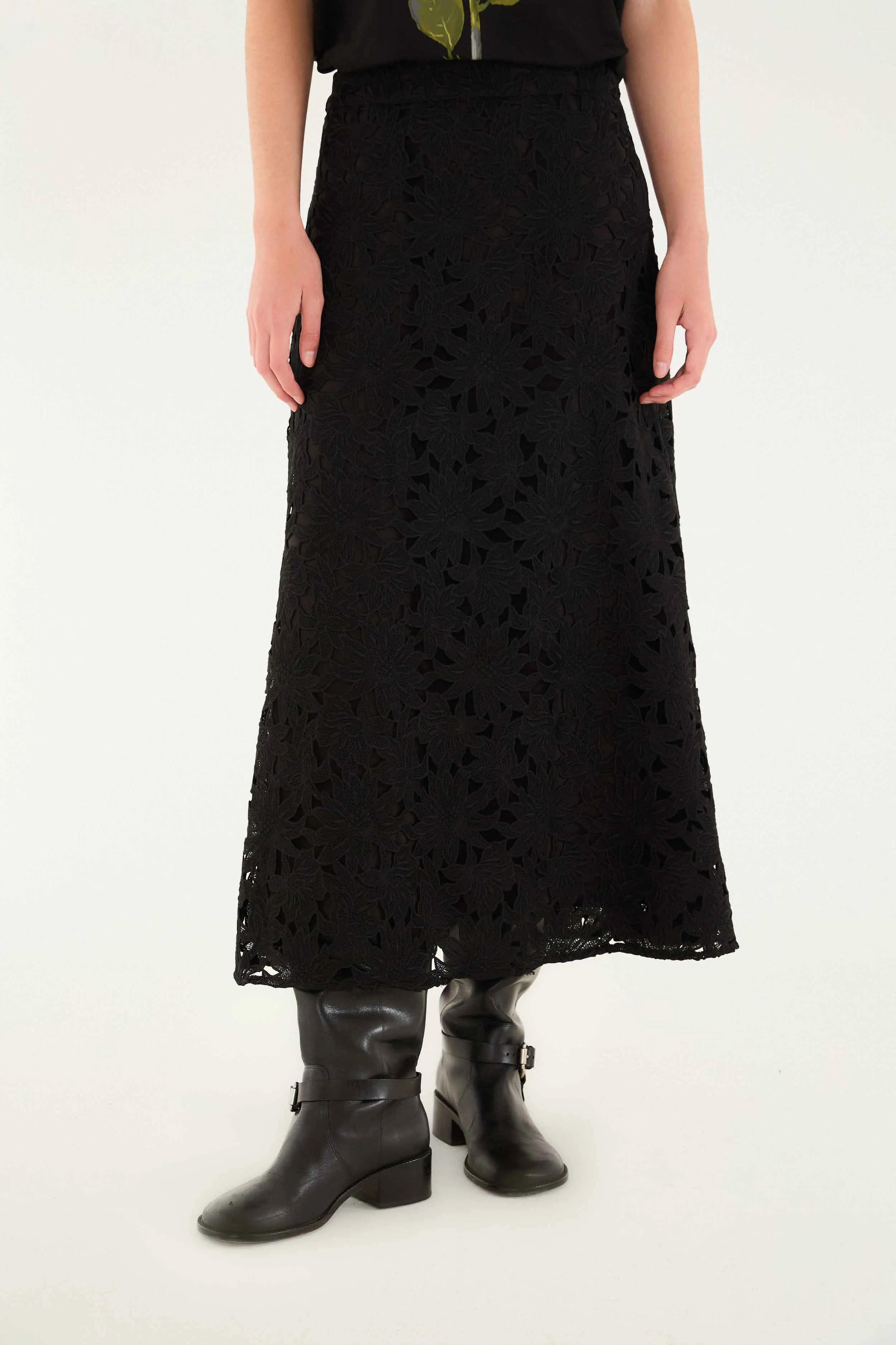 Smart Comfort Black Flowered Lace Midi Skirt