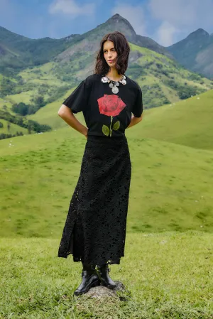 Black Flowered Lace Midi Skirt Knee Length Opaque finish