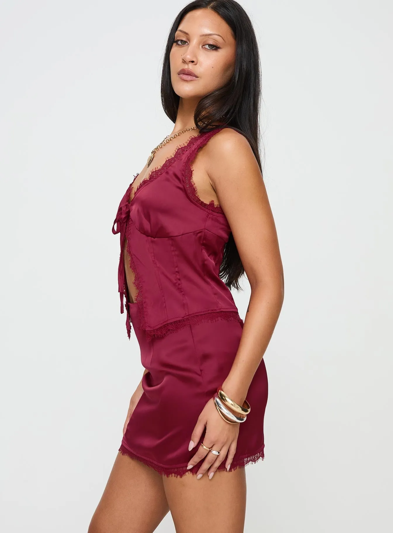 Mavie Satin Set Burgundy Reinforced Hems Breezy Flow