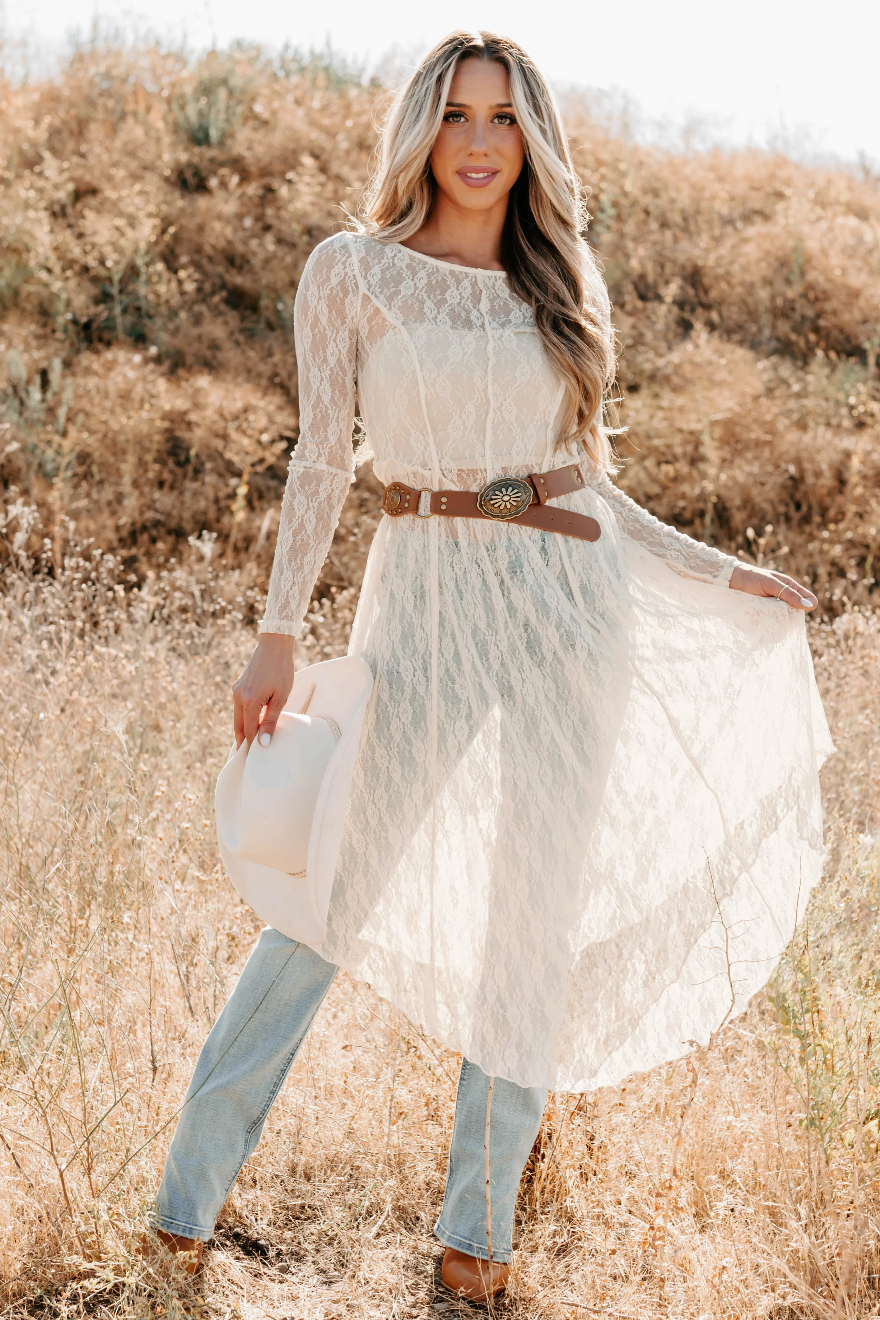 Spirit Dances Sheer Lace Midi Layering Dress (Ecru) Cozy midi dress