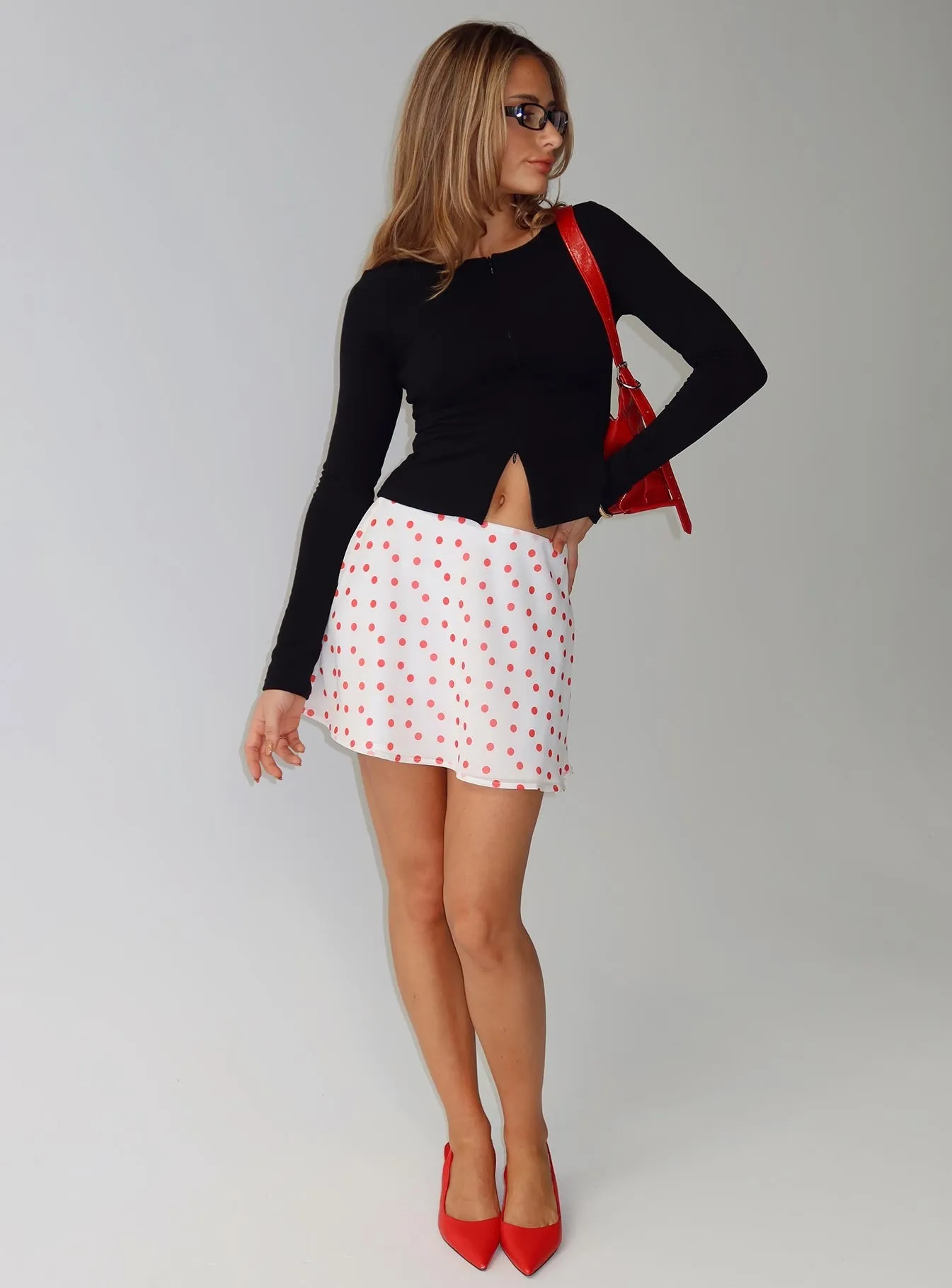 Dapple Bias Mini Skirt White / Red Polka Wardrobe Classic
