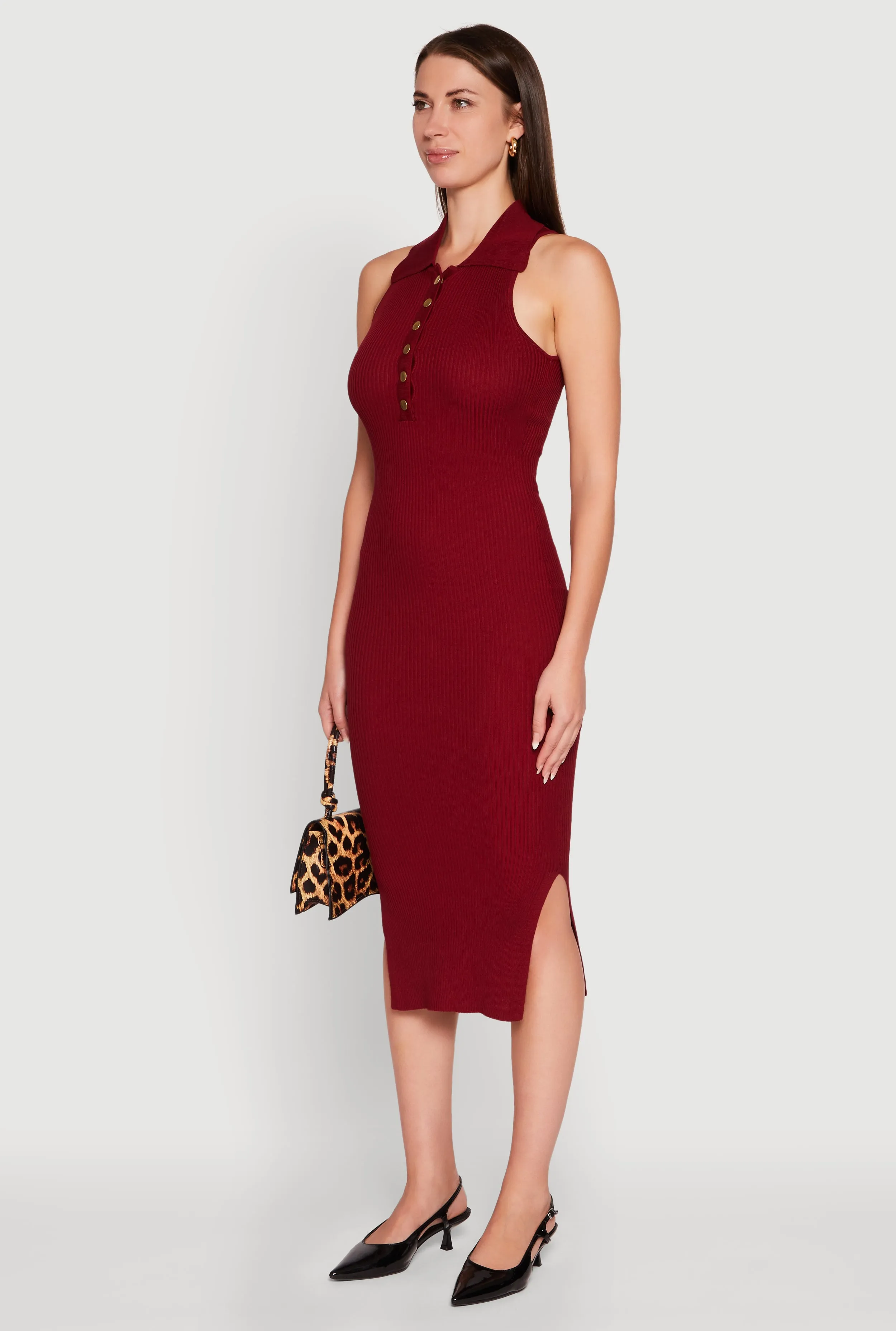 Boho Soul Romantic Soul Ribbed Knit Sleeveless Midi Dress with Collar and Side Slit