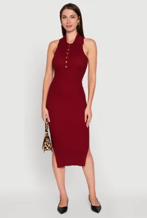 Ribbed Knit Sleeveless Midi Dress with Collar and Side Slit Evening Glam Valley Path
