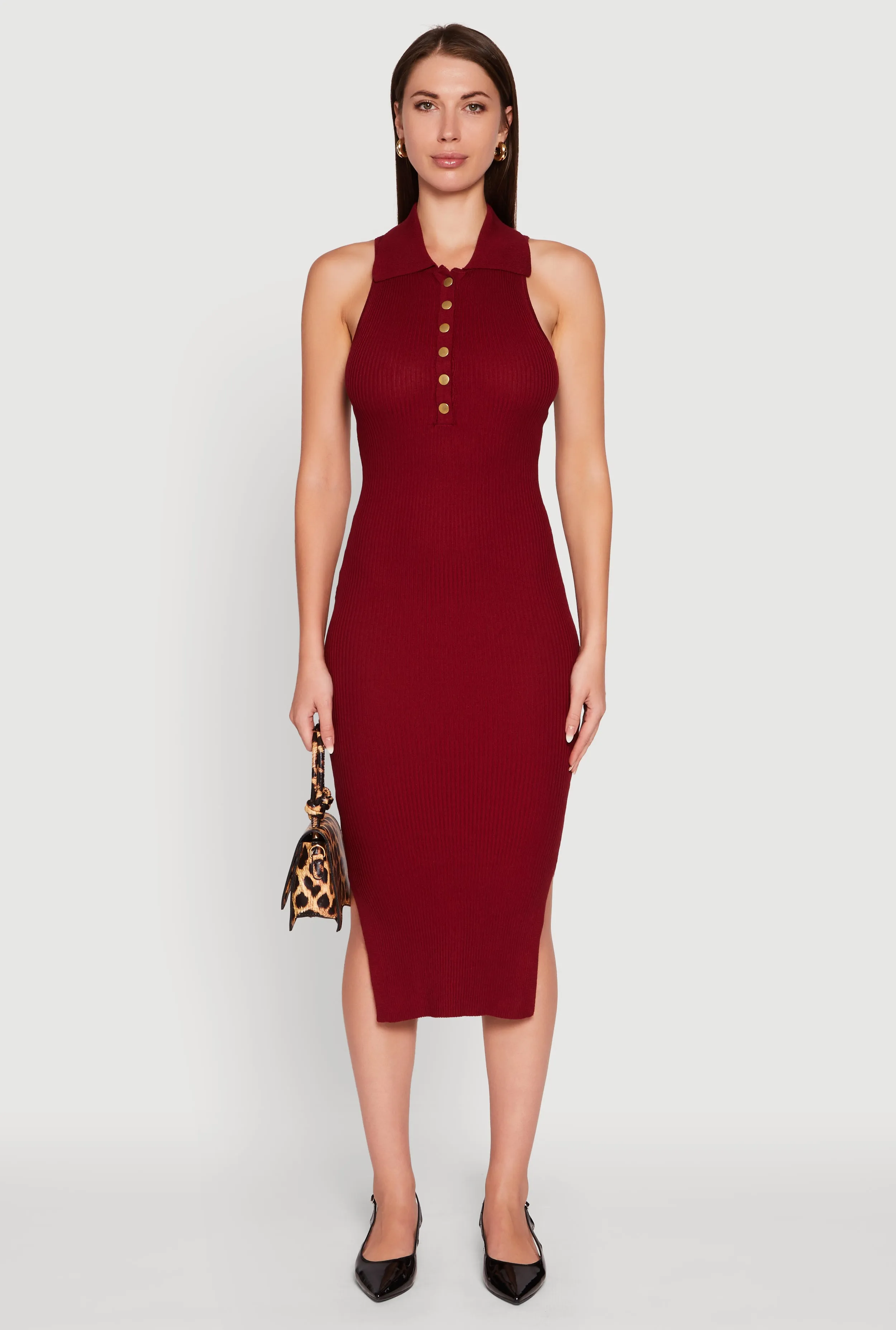 Light Air Stylish Appearance Ribbed Knit Sleeveless Midi Dress with Collar and Side Slit