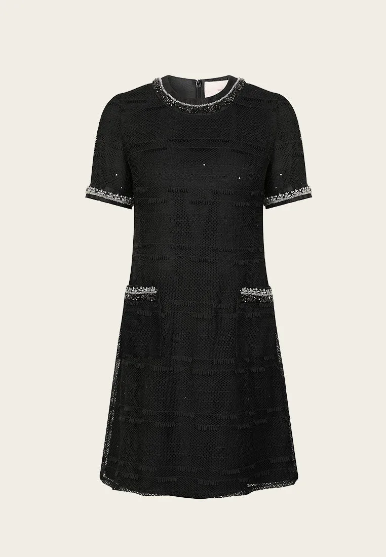 Strong Edge Black Rhinestone Embellished Thigh-length Dress