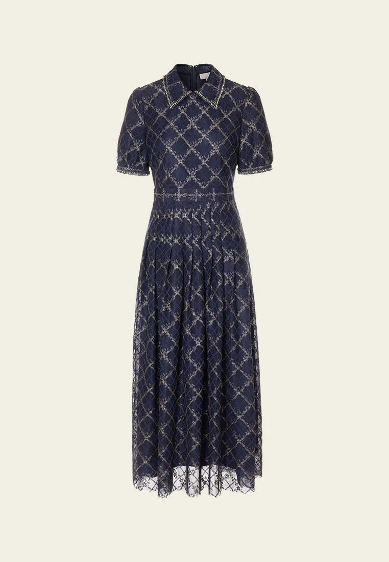 Check Lurex-detail Puff-sleeve Mash Dress Sky Cool HygroscopicFiber