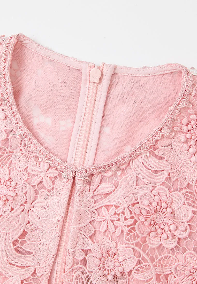 Flower-appliqu?? Lace Keyhole-neck Mesh Dress Love Glow