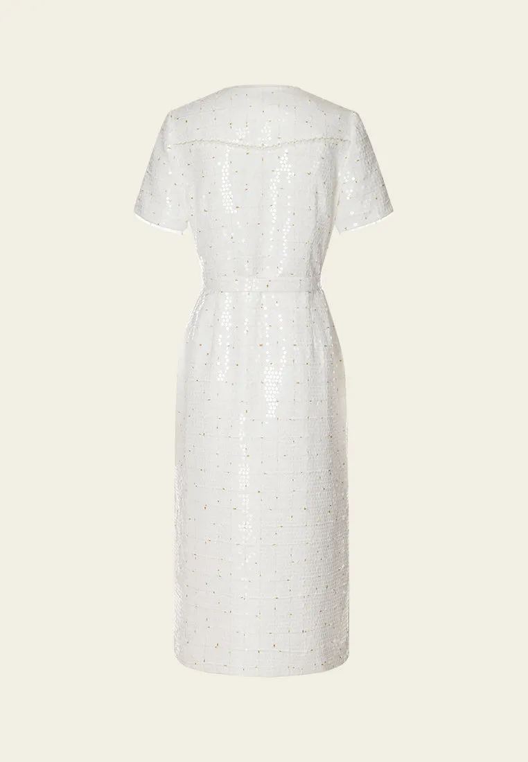 NonSlip Grips ElasticFree Cuffs Sequined Lurex-detail Carved-button Belted Dress