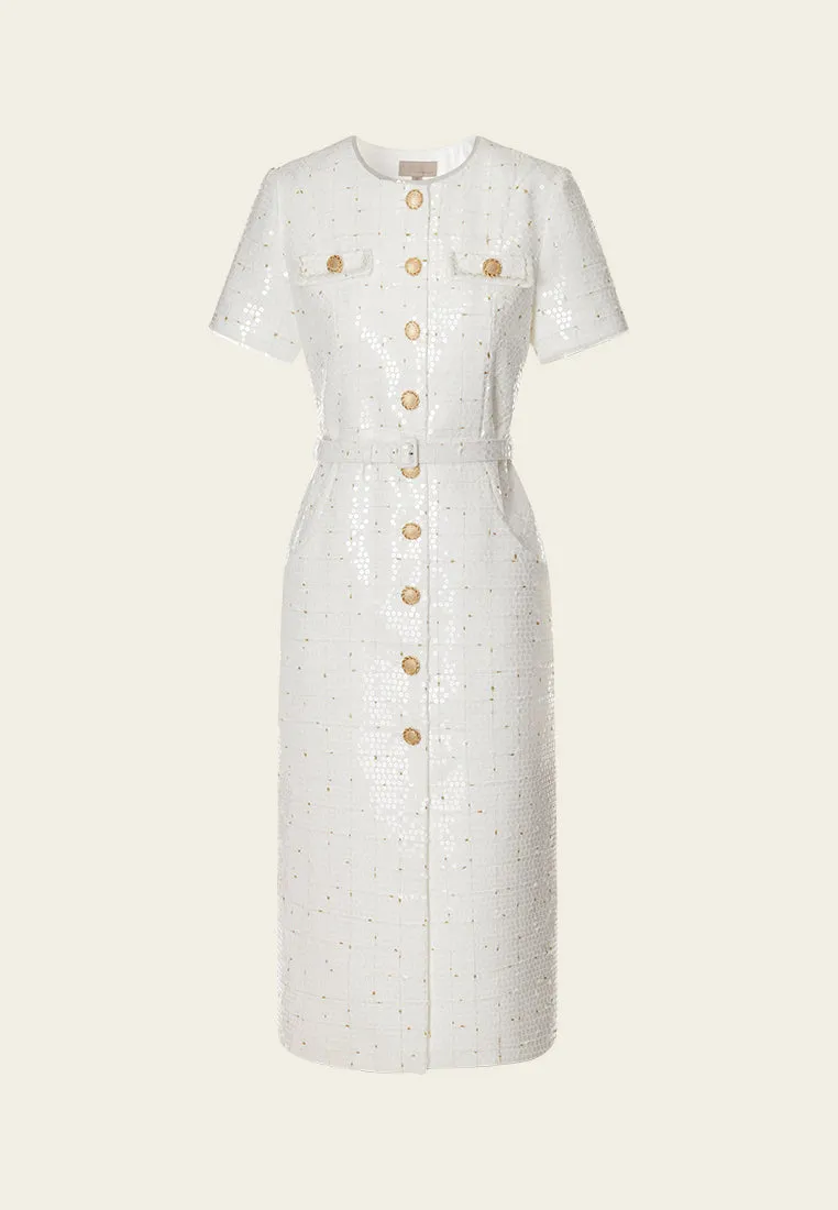 Sequined Lurex-detail Carved-button Belted Dress TumbleDry Safe