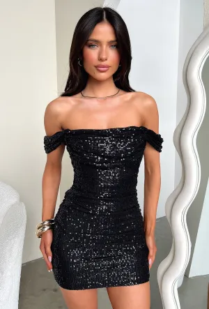 Comfortable party dress A Line Silhouette Nara Off Shoulder Sequin Mini Dress - Black Sequin