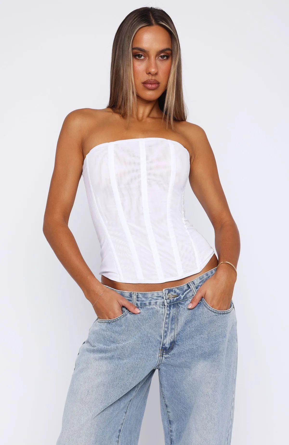 Natural Fiber Blend ContrastPlacket Tell Me A Secret Strapless Bustier White